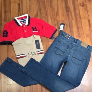 Tommy Hilfiger Red Polo, Beige Tee, and Blue Jeans Trio NWT KIDS SIZE 16 FASHION